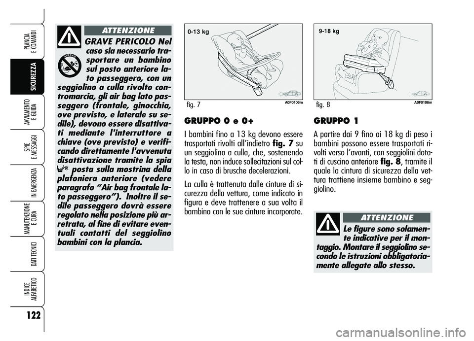 Alfa Romeo Brera/Spider 2007 Libretto Uso Manutenzione (in Italian) 122
SICUREZZA SPIE
E MESSAGGI
IN EMERGENZA
MANUTENZIONE
E CURA
DATI TECNICI
INDICE
ALFABETICO
PLANCIA
E COMANDI
AVVIAMENTO
E GUIDAGRUPPO 0 e 0+
I bambini fino a 13 kg devono essere
trasportati ri Alfa Romeo Brera/Spider 2007 Libretto Uso Manutenzione (in Italian) 122
SICUREZZA SPIE
E MESSAGGI
IN EMERGENZA
MANUTENZIONE
E CURA
DATI TECNICI
INDICE
ALFABETICO
PLANCIA
E COMANDI
AVVIAMENTO
E GUIDAGRUPPO 0 e 0+
I bambini fino a 13 kg devono essere
trasportati ri