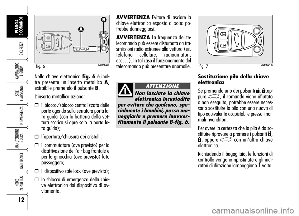 Alfa Romeo Brera/Spider 2007 Libretto Uso Manutenzione (in Italian) Sostituzione pila della chiave
elettronica
Se premendo uno dei pulsanti
Ë, Á,op-
pure
`, il comando viene rifiutato
o non eseguito, potrebbe essere neces-
sario sostituire la pila con una nuova d Alfa Romeo Brera/Spider 2007 Libretto Uso Manutenzione (in Italian) Sostituzione pila della chiave
elettronica
Se premendo uno dei pulsanti
Ë, Á,op-
pure
`, il comando viene rifiutato
o non eseguito, potrebbe essere neces-
sario sostituire la pila con una nuova d