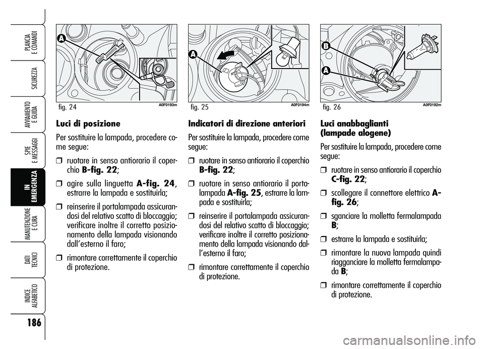 Alfa Romeo Brera/Spider 2007  Libretto Uso Manutenzione (in Italian) 186
SICUREZZA
SPIE 
E MESSAGGI
IN
EMERGENZA MANUTENZIONE
E CURA 
DATI
TECNICI
INDICE 
ALFABETICO
PLANCIA 
E COMANDI
AVVIAMENTO 
E GUIDALuci di posizione
Per sostituire la lampada, procedere co-
me seg