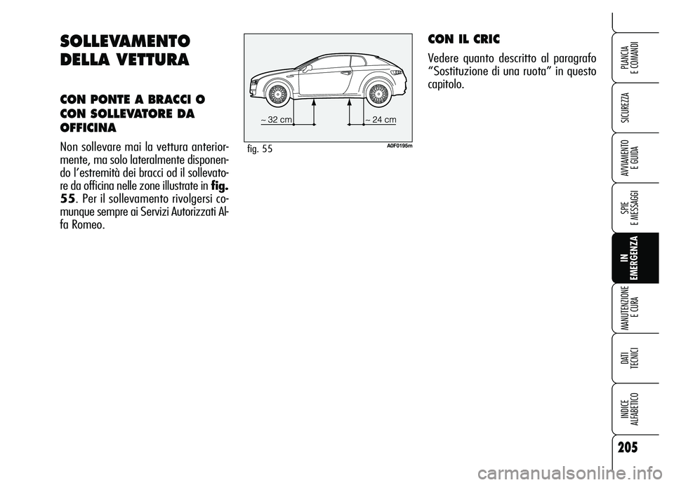 Alfa Romeo Brera/Spider 2007  Libretto Uso Manutenzione (in Italian) 205
SICUREZZA
SPIE 
E MESSAGGI
IN 
EMERGENZA MANUTENZIONE
E CURA
DATI 
TECNICI
INDICE 
ALFABETICO
PLANCIA 
E COMANDI
AVVIAMENTO 
E GUIDA
SOLLEVAMENTO
DELLA VETTURA
CON PONTE A BRACCI O
CON SOLLEVATORE