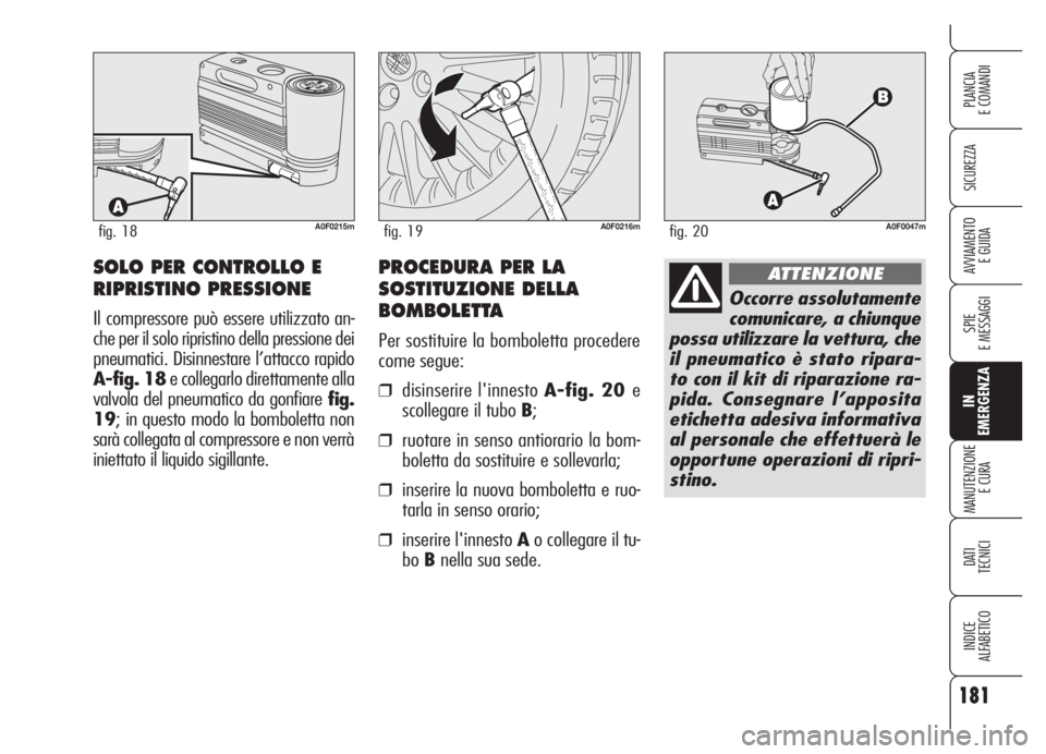Alfa Romeo Brera/Spider 2008  Libretto Uso Manutenzione (in Italian) 181
SICUREZZA
SPIE
E MESSAGGI
IN
EMERGENZA
MANUTENZIONE
E CURA
DATI 
TECNICI
INDICE
ALFABETICO
PLANCIA
E COMANDI
AVVIAMENTO 
E GUIDA
A0F0215mfig. 18A0F0216mfig. 19
SOLO PER CONTROLLO E
RIPRISTINO PRES