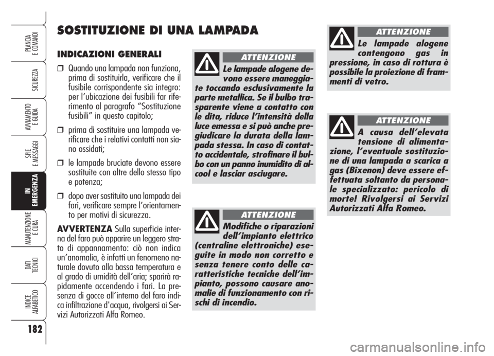 Alfa Romeo Brera/Spider 2008  Libretto Uso Manutenzione (in Italian) 182
SICUREZZA
SPIE
E MESSAGGI
IN
EMERGENZA
MANUTENZIONE
E CURA 
DATI
TECNICI
INDICE
ALFABETICO
PLANCIA
E COMANDI
AVVIAMENTO 
E GUIDA
INDICAZIONI GENERALI
❒Quando una lampada non funziona,
prima di s
