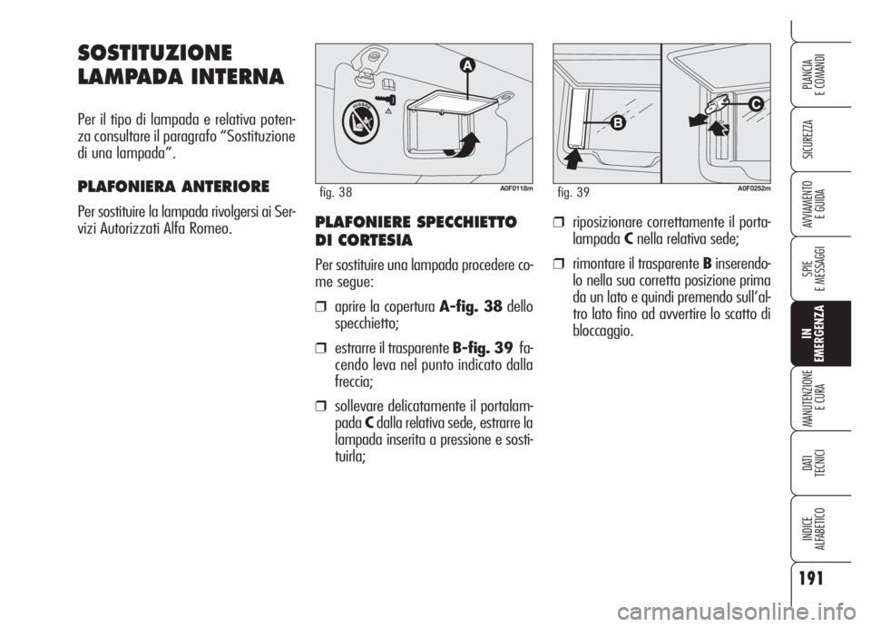 Alfa Romeo Brera/Spider 2008  Libretto Uso Manutenzione (in Italian) 191
SICUREZZA
SPIE
E MESSAGGI
IN
EMERGENZA
MANUTENZIONE
E CURA
DATI 
TECNICI
INDICE
ALFABETICO
PLANCIA
E COMANDI
AVVIAMENTO 
E GUIDA
SOSTITUZIONE
LAMPADA INTERNA
Per il tipo di lampada e relativa pote