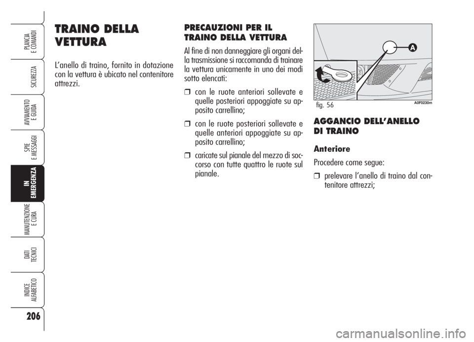 Alfa Romeo Brera/Spider 2008  Libretto Uso Manutenzione (in Italian) 206
SICUREZZA
SPIE
E MESSAGGI
IN
EMERGENZA
MANUTENZIONE
E CURA 
DATI
TECNICI
INDICE
ALFABETICO
PLANCIA
E COMANDI
AVVIAMENTO 
E GUIDA
TRAINO DELLA
VETTURA
L’anello di traino, fornito in dotazione
con