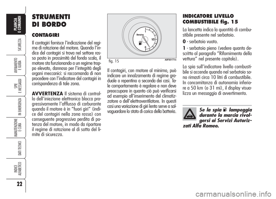 Alfa Romeo Brera/Spider 2008  Libretto Uso Manutenzione (in Italian) 22
SICUREZZA
SPIE
E MESSAGGI
IN EMERGENZA
MANUTENZIONE
E CURA 
DATI TECNICI
INDICE
ALFABETICO
PLANCIA
E COMANDI
AVVIAMENTO 
E GUIDA
INDICATORE LIVELLO
COMBUSTIBILE fig. 15
La lancetta indica la quanti