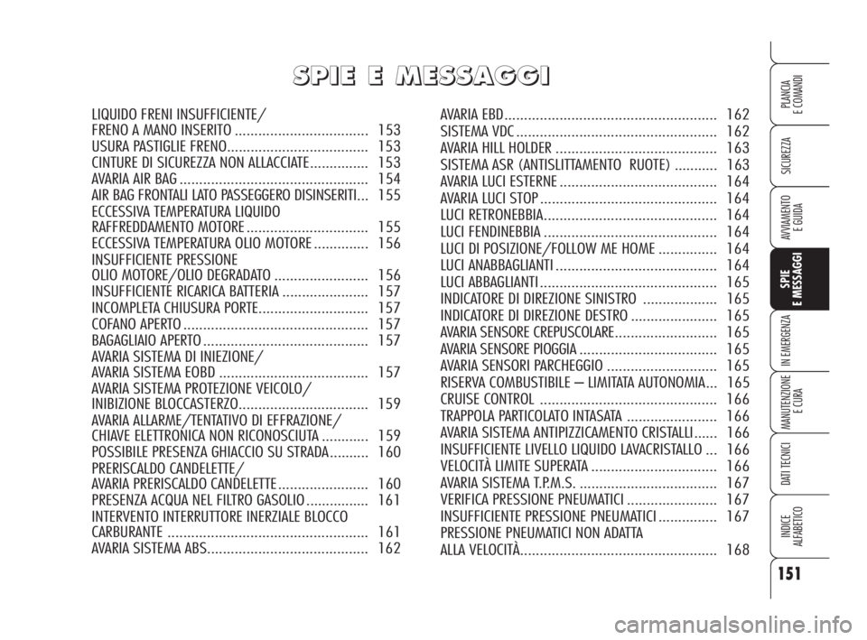 Alfa Romeo Brera/Spider 2009 Libretto Uso Manutenzione (in Italian) 151
SICUREZZA
SPIE
E MESSAGGI
IN EMERGENZA
MANUTENZIONE
E CURA
DATI TECNICI
INDICE
ALFABETICO
PLANCIA
E COMANDI
AVVIAMENTO
E GUIDA
S S
P P
I I
E E
E E
M M
E E
S S
S S
A A
G G
G G
I I
LIQUIDO FRENI IN Alfa Romeo Brera/Spider 2009 Libretto Uso Manutenzione (in Italian) 151
SICUREZZA
SPIE
E MESSAGGI
IN EMERGENZA
MANUTENZIONE
E CURA
DATI TECNICI
INDICE
ALFABETICO
PLANCIA
E COMANDI
AVVIAMENTO
E GUIDA
S S
P P
I I
E E
E E
M M
E E
S S
S S
A A
G G
G G
I I
LIQUIDO FRENI IN
