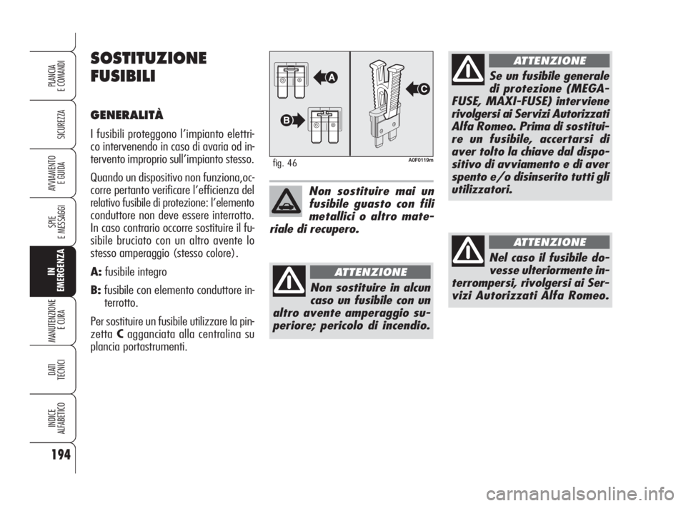 Alfa Romeo Brera/Spider 2009 Libretto Uso Manutenzione (in Italian) 194
SICUREZZA
SPIE
E MESSAGGI
IN
EMERGENZA
MANUTENZIONE
E CURA
DATI
TECNICI
INDICE
ALFABETICO
PLANCIA
E COMANDI
AVVIAMENTO
E GUIDA
A0F0119mfig. 46
Non sostituire mai un
fusibile guasto con fili
meta Alfa Romeo Brera/Spider 2009 Libretto Uso Manutenzione (in Italian) 194
SICUREZZA
SPIE
E MESSAGGI
IN
EMERGENZA
MANUTENZIONE
E CURA
DATI
TECNICI
INDICE
ALFABETICO
PLANCIA
E COMANDI
AVVIAMENTO
E GUIDA
A0F0119mfig. 46
Non sostituire mai un
fusibile guasto con fili
meta