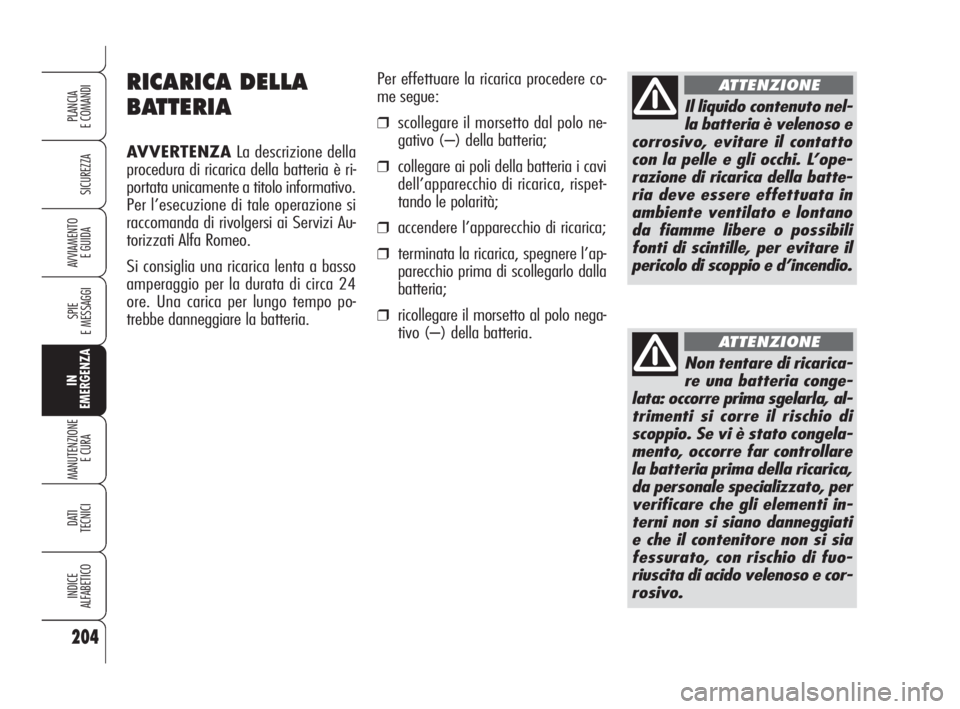 Alfa Romeo Brera/Spider 2009 Libretto Uso Manutenzione (in Italian) 204
SICUREZZA
SPIE
E MESSAGGI
IN
EMERGENZA
MANUTENZIONE
E CURA
DATI
TECNICI
INDICE
ALFABETICO
PLANCIA
E COMANDI
AVVIAMENTO
E GUIDA
RICARICA DELLA
BATTERIA
AVVERTENZALa descrizione della
procedura di Alfa Romeo Brera/Spider 2009 Libretto Uso Manutenzione (in Italian) 204
SICUREZZA
SPIE
E MESSAGGI
IN
EMERGENZA
MANUTENZIONE
E CURA
DATI
TECNICI
INDICE
ALFABETICO
PLANCIA
E COMANDI
AVVIAMENTO
E GUIDA
RICARICA DELLA
BATTERIA
AVVERTENZALa descrizione della
procedura di