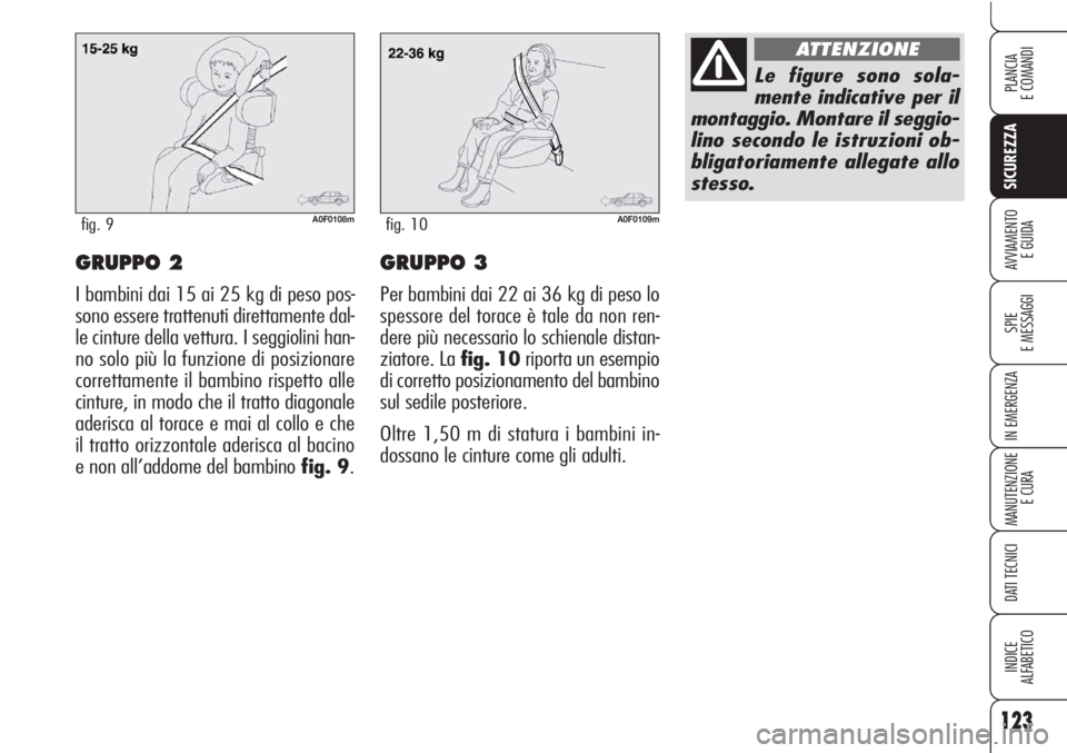 Alfa Romeo Brera/Spider 2010  Libretto Uso Manutenzione (in Italian) 123
SICUREZZA
SPIE
E MESSAGGI
IN EMERGENZA
MANUTENZIONE
E CURA
DATI TECNICI
INDICE
ALFABETICO
PLANCIA
E COMANDI
AVVIAMENTO 
E GUIDAGRUPPO 2
I bambini dai 15 ai 25 kg di peso pos-
sono essere trattenut