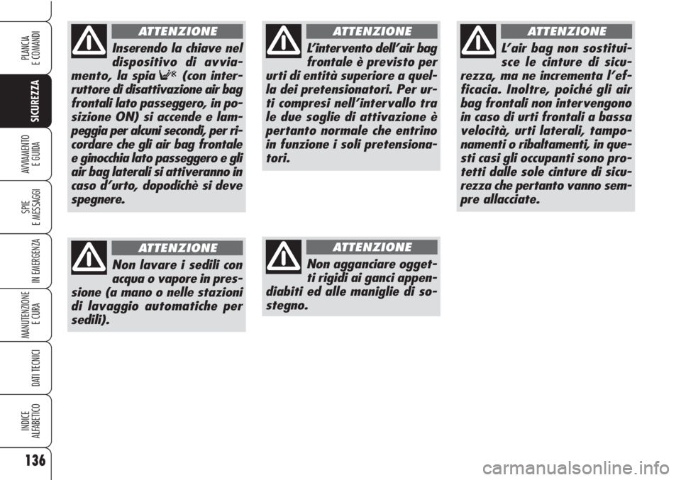 Alfa Romeo Brera/Spider 2010  Libretto Uso Manutenzione (in Italian) 136
SICUREZZA
SPIE
E MESSAGGI
IN EMERGENZA
MANUTENZIONE
E CURA 
DATI TECNICI
INDICE
ALFABETICO
PLANCIA
E COMANDI
AVVIAMENTO 
E GUIDA
L’intervento dell’air bag
frontale è previsto per
urti di enti
