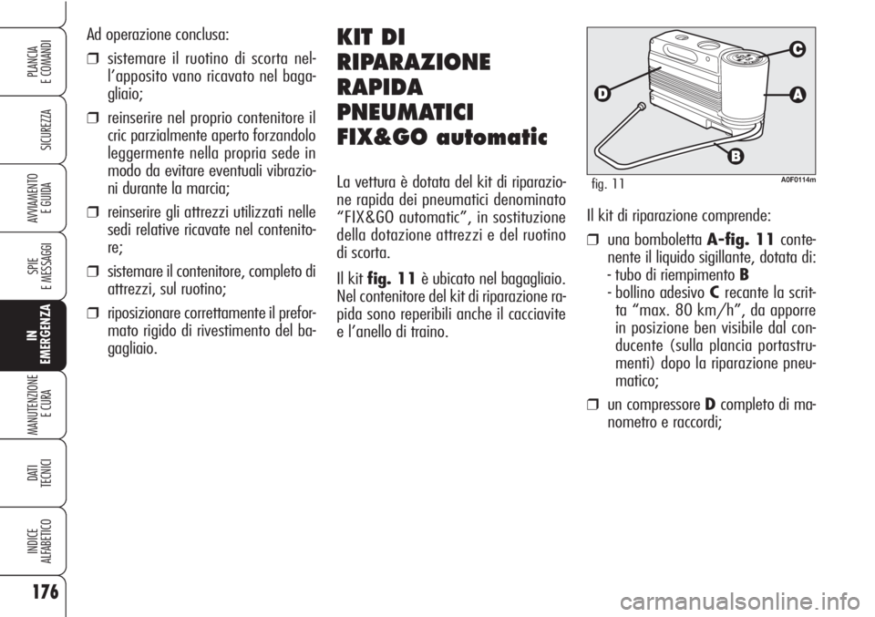 Alfa Romeo Brera/Spider 2010  Libretto Uso Manutenzione (in Italian) 176
SICUREZZA
SPIE
E MESSAGGI
IN
EMERGENZA
MANUTENZIONE
E CURA 
DATI
TECNICI
INDICE
ALFABETICO
PLANCIA
E COMANDI
AVVIAMENTO 
E GUIDA
Ad operazione conclusa:
❒sistemare il ruotino di scorta nel-
l’