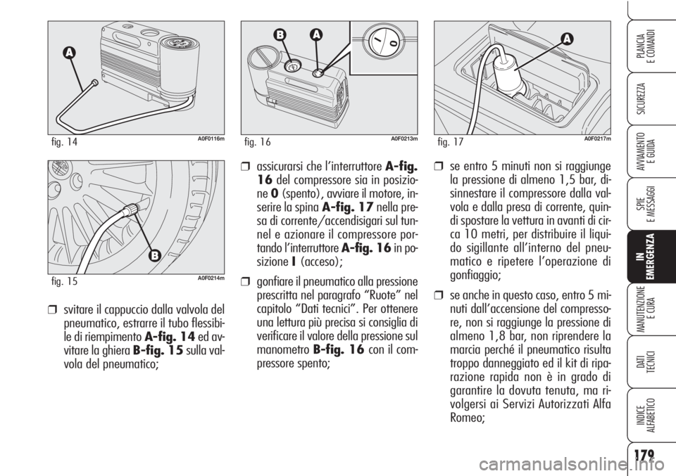 Alfa Romeo Brera/Spider 2010  Libretto Uso Manutenzione (in Italian) 179
SICUREZZA
SPIE
E MESSAGGI
IN
EMERGENZA
MANUTENZIONE
E CURA
DATI 
TECNICI
INDICE
ALFABETICO
PLANCIA
E COMANDI
AVVIAMENTO 
E GUIDA❒se entro 5 minuti non si raggiunge
la pressione di almeno 1,5 bar