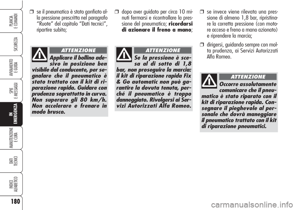 Alfa Romeo Brera/Spider 2010  Libretto Uso Manutenzione (in Italian) ❒se il pneumatico è stato gonfiato al-
la pressione prescritta nel paragrafo
“Ruote” del capitolo “Dati tecnici”,
ripartire subito;
180
SICUREZZA
SPIE
E MESSAGGI
IN
EMERGENZA
MANUTENZIONE
E