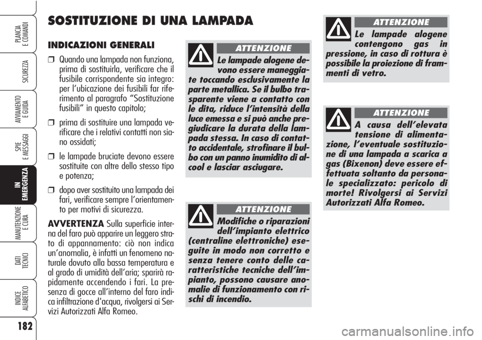 Alfa Romeo Brera/Spider 2010  Libretto Uso Manutenzione (in Italian) 182
SICUREZZA
SPIE
E MESSAGGI
IN
EMERGENZA
MANUTENZIONE
E CURA 
DATI
TECNICI
INDICE
ALFABETICO
PLANCIA
E COMANDI
AVVIAMENTO 
E GUIDA
INDICAZIONI GENERALI
❒Quando una lampada non funziona,
prima di s