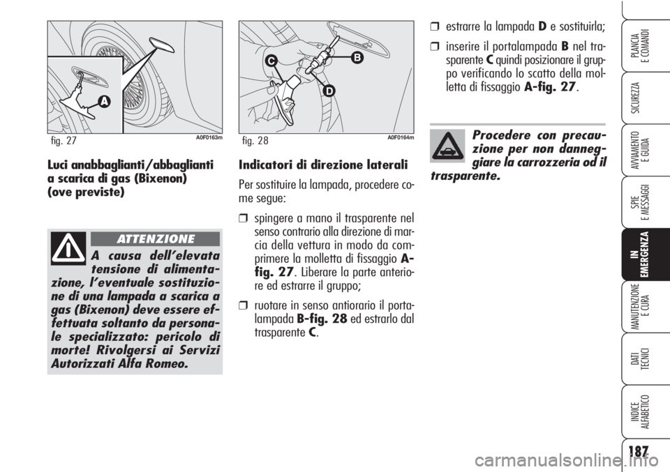 Alfa Romeo Brera/Spider 2010  Libretto Uso Manutenzione (in Italian) 187
SICUREZZA
SPIE
E MESSAGGI
IN
EMERGENZA
MANUTENZIONE
E CURA
DATI 
TECNICI
INDICE
ALFABETICO
PLANCIA
E COMANDI
AVVIAMENTO 
E GUIDAIndicatori di direzione laterali
Per sostituire la lampada, proceder