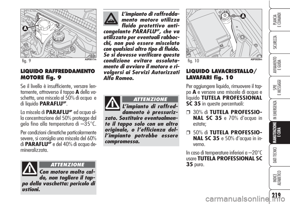 Alfa Romeo Brera/Spider 2010  Libretto Uso Manutenzione (in Italian) 219
SICUREZZA
SPIE
E MESSAGGI
IN EMERGENZA
MANUTENZIONE
E CURA
DATI TECNICI
INDICE
ALFABETICO
PLANCIA
E COMANDI
AVVIAMENTO 
E GUIDA
L’impianto di raffredda-
mento motore utilizza
fluido protettivo a