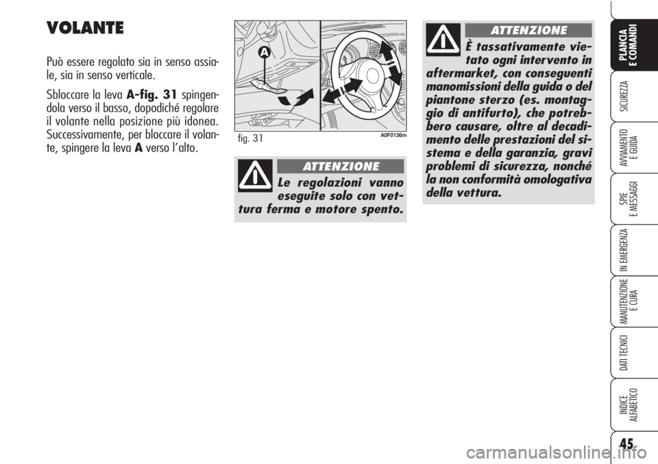 Alfa Romeo Brera/Spider 2010  Libretto Uso Manutenzione (in Italian) 45
SICUREZZA
SPIE
E MESSAGGI
IN EMERGENZA
MANUTENZIONE
E CURA
DATI TECNICI
INDICE
ALFABETICO
PLANCIA
E COMANDI
AVVIAMENTO 
E GUIDA
VOLANTE
Può essere regolato sia in senso assia-
le, sia in senso ver