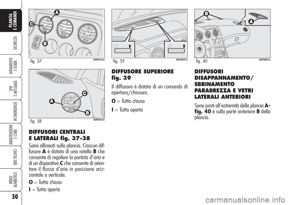 Alfa Romeo Brera/Spider 2010  Libretto Uso Manutenzione (in Italian) 50
SICUREZZA
SPIE
E MESSAGGI
IN EMERGENZA
MANUTENZIONE
E CURA 
DATI TECNICI
INDICE
ALFABETICO
PLANCIA
E COMANDI
AVVIAMENTO 
E GUIDA
DIFFUSORI CENTRALI 
E LATERALI fig. 37-38
Sono allineati sulla planc