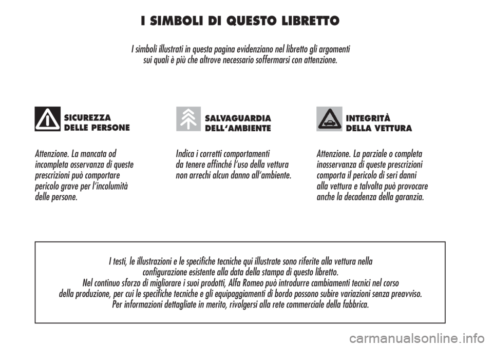 Alfa Romeo Brera/Spider 2010  Libretto Uso Manutenzione (in Italian) I SIMBOLI DI QUESTO LIBRETTO
I simboli illustrati in questa pagina evidenziano nel libretto gli argomenti 
sui quali è più che altrove necessario soffermarsi con attenzione.
Attenzione. La mancata o