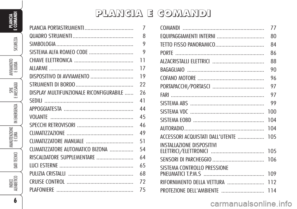 Alfa Romeo Brera/Spider 2010  Libretto Uso Manutenzione (in Italian) 6
SICUREZZA
SPIE
E MESSAGGI
IN EMERGENZA
MANUTENZIONE
E CURA 
DATI TECNICI
INDICE
ALFABETICO
PLANCIA
E COMANDI
AVVIAMENTO 
E GUIDA
P P
L L
A A
N N
C C
I I
A A
E E
C C
O O
M M
A A
N N
D D
I I
COMANDI .