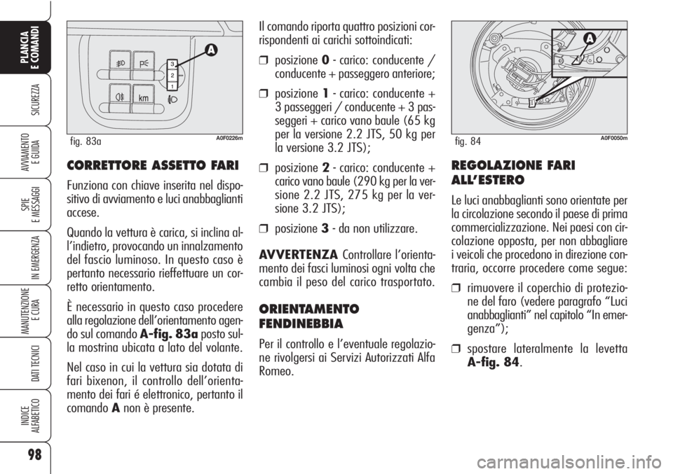 Alfa Romeo Brera/Spider 2010  Libretto Uso Manutenzione (in Italian) 98
SICUREZZA
SPIE
E MESSAGGI
IN EMERGENZA
MANUTENZIONE
E CURA 
DATI TECNICI
INDICE
ALFABETICO
PLANCIA
E COMANDI
AVVIAMENTO 
E GUIDACORRETTORE ASSETTO FARI
Funziona con chiave inserita nel dispo-
sitiv