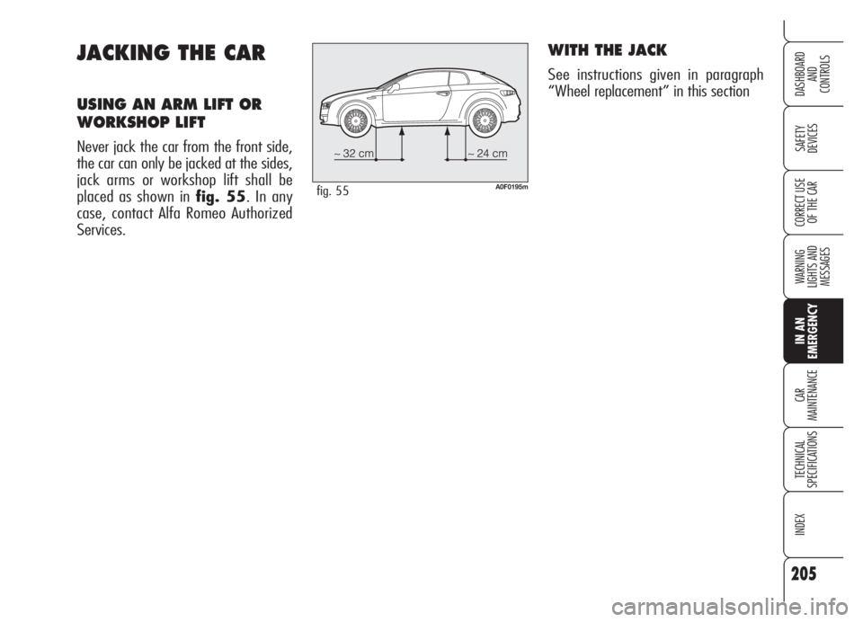 Alfa Romeo Brera/Spider 2008  Owner handbook (in English) 205
SAFETY
DEVICES
WARNING 
LIGHTS AND 
MESSAGES
IN AN 
EMERGENCY
CAR
MAINTENANCE
TECHNICAL
SPECIFICATIONS
INDEX
DASHBOARD
AND
CONTROLS
CORRECT USE
OF THE CAR
JACKING THE CAR
USING AN ARM LIFT OR
WORK