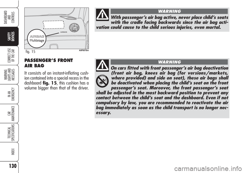 Alfa Romeo Brera/Spider 2010  Owner handbook (in English) 130
SAFETY
DEVICES
WARNING 
LIGHTS AND 
MESSAGES
IN AN 
EMERGENCY
CAR
MAINTENANCE
TECHNICAL
SPECIFICATIONS
INDEX
DASHBOARD
AND
CONTROLS
CORRECT USE
OF THE CAR
On cars fitted with front passenger’s a