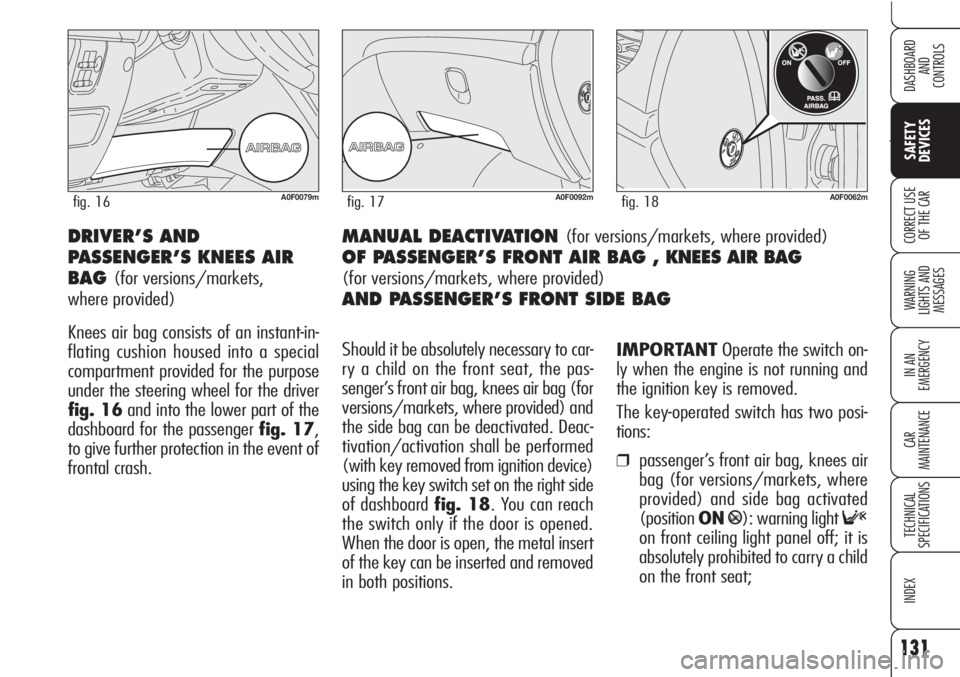 Alfa Romeo Brera/Spider 2010  Owner handbook (in English) 131
Ù
SAFETY
DEVICES
WARNING 
LIGHTS AND 
MESSAGES
IN AN 
EMERGENCY
CAR
MAINTENANCE
TECHNICAL
SPECIFICATIONS
INDEX
DASHBOARD
AND
CONTROLS
CORRECT USE
OF THE CARMANUAL DEACTIVATION (for versions/marke