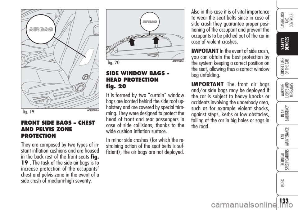 Alfa Romeo Brera/Spider 2010  Owner handbook (in English) 133
Ù
SAFETY
DEVICES
WARNING 
LIGHTS AND 
MESSAGES
IN AN 
EMERGENCY
CAR
MAINTENANCE
TECHNICAL
SPECIFICATIONS
INDEX
DASHBOARD
AND
CONTROLS
CORRECT USE
OF THE CARSIDE WINDOW BAGS -
HEAD PROTECTION 
fig