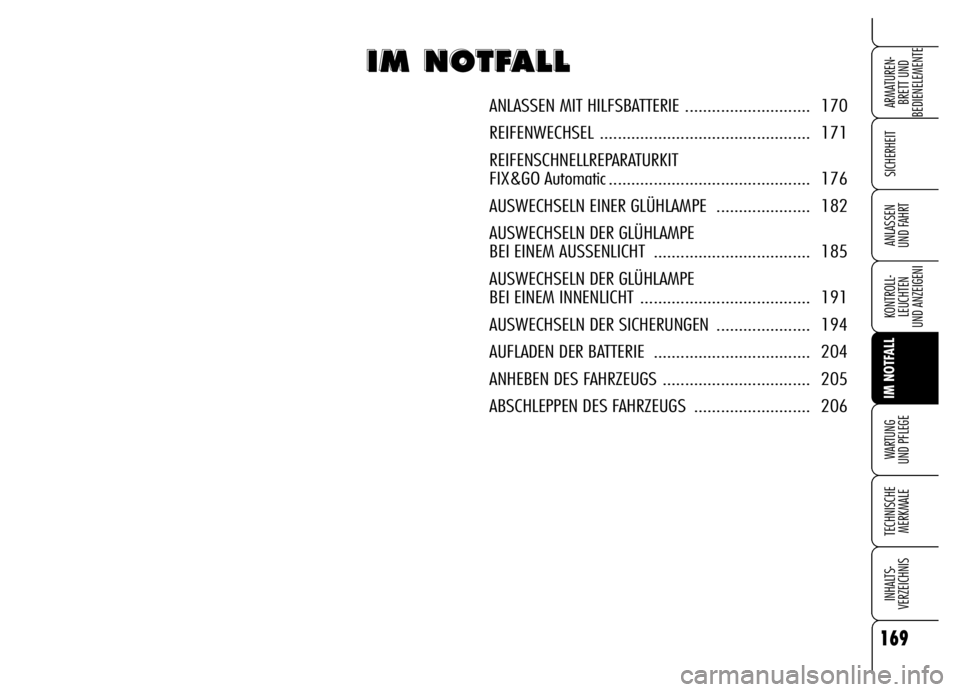 Alfa Romeo Brera/Spider 2006  Betriebsanleitung (in German) 169
SICHERHEIT
KONTROLL-
LEUCHTEN
UND ANZEIGENI
IM NOTFALL
WARTUNG 
UND PFLEGE
TECHNISCHE
MERKMALE
INHALTS-
VERZEICHNIS
ARMATUREN-
BRETT UND 
BEDIENELEMENTE
ANLASSEN 
UND FAHRT
I I I I
M M M M
       