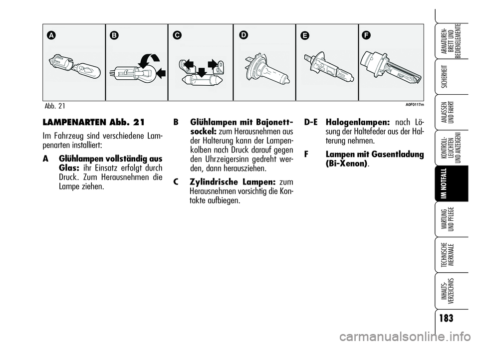 Alfa Romeo Brera/Spider 2006  Betriebsanleitung (in German) 183
SICHERHEIT
KONTROLL-
LEUCHTEN
UND ANZEIGENI
IM NOTFALL
WARTUNG 
UND PFLEGE
TECHNISCHE
MERKMALE
INHALTS-
VERZEICHNIS
ARMATUREN-
BRETT UND 
BEDIENELEMENTE
ANLASSEN 
UND FAHRTB Glühlampen mit Bajone