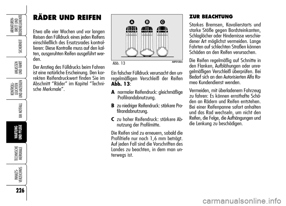 Alfa Romeo Brera/Spider 2006 Betriebsanleitung (in German) 226
SICHERHEIT
KONTROLL-
LEUCHTEN
UND ANZEIGEN
IIM NOTFALL
WARTUNG
UND PFLEGE
TECHNISCHE
MERKMALE
INHALTS-
VERZEICHNIS
ARMATUREN-
BRETT UND
BEDIENELEMENTE
ANLASSEN
UND FAHRTEin falscher Fülldruck Alfa Romeo Brera/Spider 2006 Betriebsanleitung (in German) 226
SICHERHEIT
KONTROLL-
LEUCHTEN
UND ANZEIGEN
IIM NOTFALL
WARTUNG
UND PFLEGE
TECHNISCHE
MERKMALE
INHALTS-
VERZEICHNIS
ARMATUREN-
BRETT UND
BEDIENELEMENTE
ANLASSEN
UND FAHRTEin falscher Fülldruck
