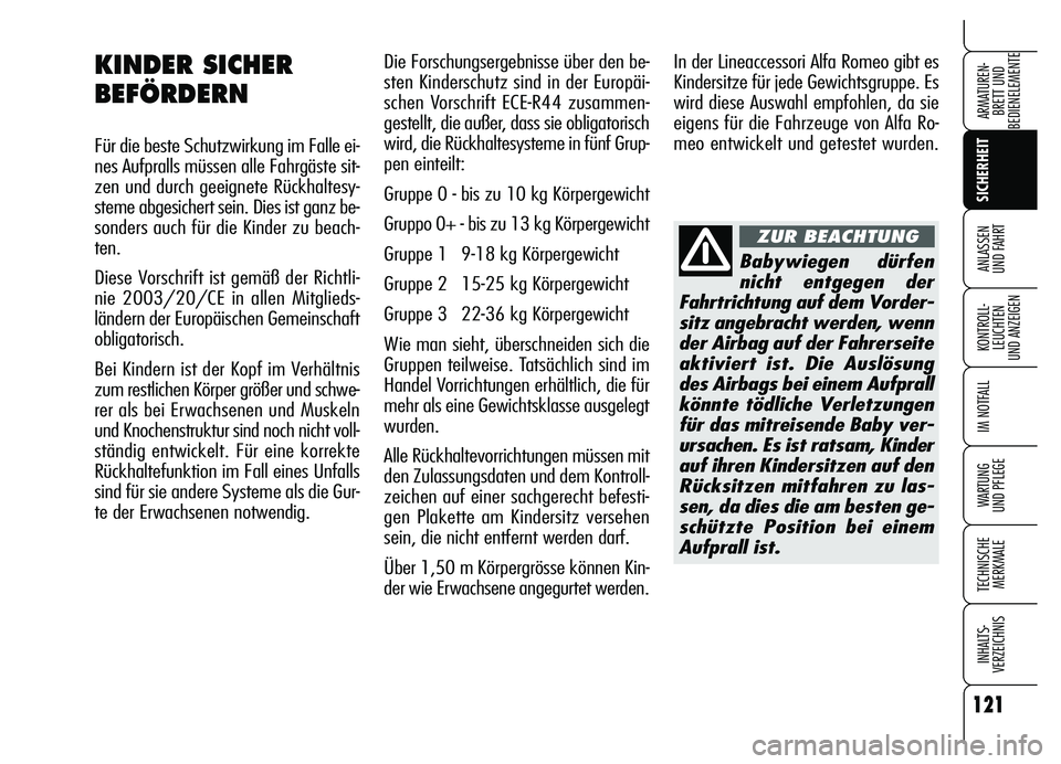 Alfa Romeo Brera/Spider 2007 Betriebsanleitung (in German) 121
SICHERHEIT
KONTROLL-
LEUCHTEN
UND ANZEIGEN
IM NOTFALL
WARTUNG
UND PFLEGE
TECHNISCHE
MERKMALE
INHALTS-
VERZEICHNIS
ARMATUREN-
BRETT UND
BEDIENELEMENTE
ANLASSEN
UND FAHRT
Die Forschungsergebniss Alfa Romeo Brera/Spider 2007 Betriebsanleitung (in German) 121
SICHERHEIT
KONTROLL-
LEUCHTEN
UND ANZEIGEN
IM NOTFALL
WARTUNG
UND PFLEGE
TECHNISCHE
MERKMALE
INHALTS-
VERZEICHNIS
ARMATUREN-
BRETT UND
BEDIENELEMENTE
ANLASSEN
UND FAHRT
Die Forschungsergebniss