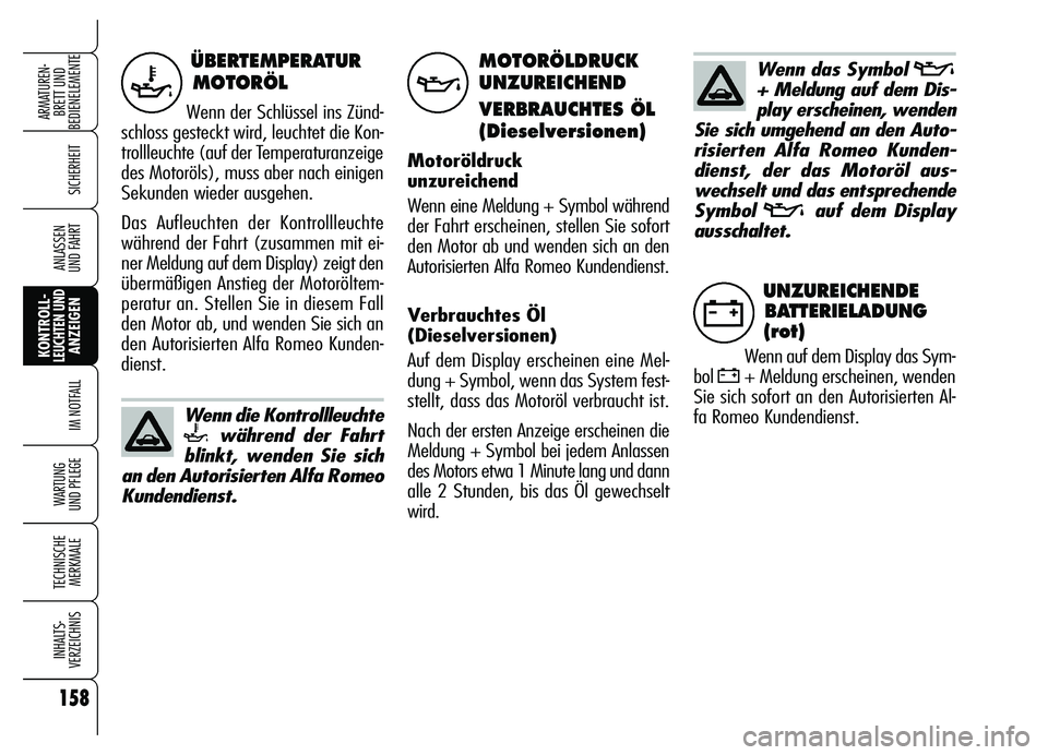 Alfa Romeo Brera/Spider 2007  Betriebsanleitung (in German) 158
SICHERHEIT
KONTROLL-LEUCHTEN UNDANZEIGEN
IM NOTFALL
WARTUNG 
UND PFLEGE
TECHNISCHE
MERKMALE
INHALTS-
VERZEICHNIS
ARMATUREN-
BRETT UND 
BEDIENELEMENTE
ANLASSEN 
UND FAHRT
ÜBERTEMPERATUR
MOTORÖL
W