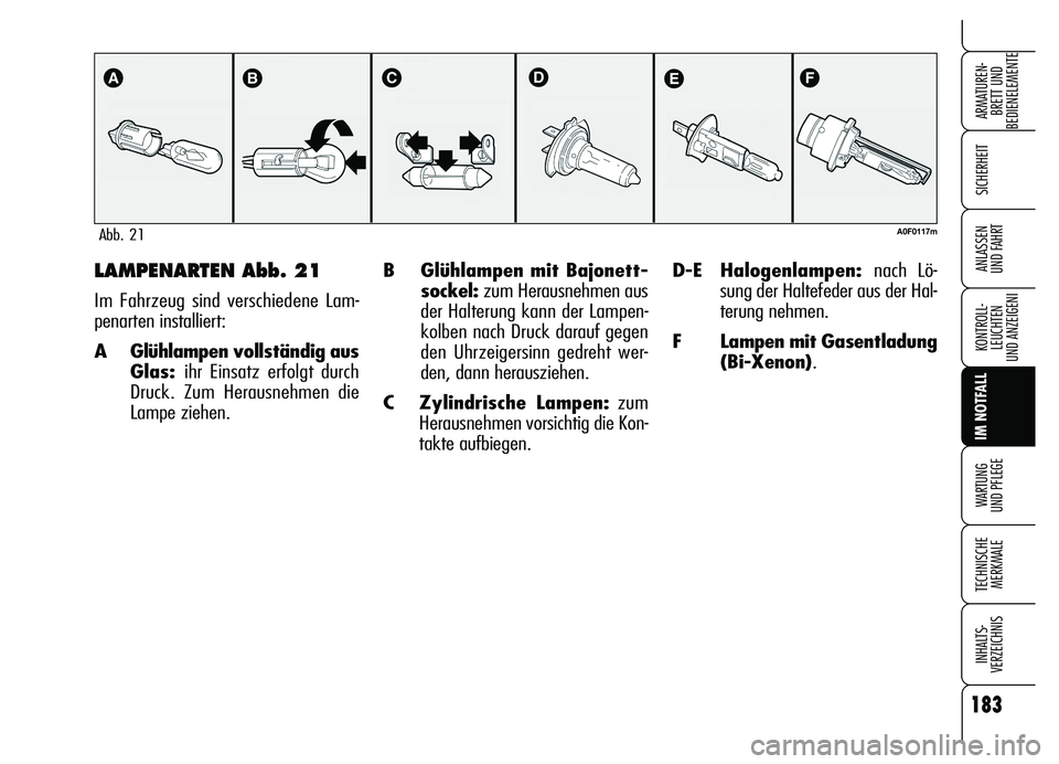 Alfa Romeo Brera/Spider 2007  Betriebsanleitung (in German) 183
SICHERHEIT
KONTROLL-
LEUCHTEN
UND ANZEIGENI
IM NOTFALL
WARTUNG 
UND PFLEGE
TECHNISCHE
MERKMALE
INHALTS-
VERZEICHNIS
ARMATUREN-
BRETT UND 
BEDIENELEMENTE
ANLASSEN 
UND FAHRTB Glühlampen mit Bajone