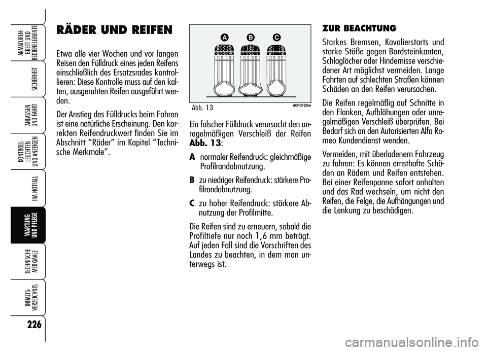 Alfa Romeo Brera/Spider 2007 Betriebsanleitung (in German) 226
SICHERHEIT
KONTROLL-
LEUCHTEN
UND ANZEIGEN
IIM NOTFALL
WARTUNG
UND PFLEGE
TECHNISCHE
MERKMALE
INHALTS-
VERZEICHNIS
ARMATUREN-
BRETT UND
BEDIENELEMENTE
ANLASSEN
UND FAHRTEin falscher Fülldruck Alfa Romeo Brera/Spider 2007 Betriebsanleitung (in German) 226
SICHERHEIT
KONTROLL-
LEUCHTEN
UND ANZEIGEN
IIM NOTFALL
WARTUNG
UND PFLEGE
TECHNISCHE
MERKMALE
INHALTS-
VERZEICHNIS
ARMATUREN-
BRETT UND
BEDIENELEMENTE
ANLASSEN
UND FAHRTEin falscher Fülldruck