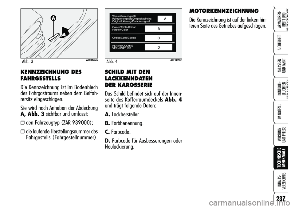 Alfa Romeo Brera/Spider 2007  Betriebsanleitung (in German) SCHILD MIT DEN
LACKKENNDATEN 
DER KAROSSERIE
Das Schild befindet sich auf der Innen-
seite des Kofferraumdeckels Abb. 4
und trägt folgende Daten:
A.Lackhersteller.
B.Farbbenennung.
C.Farbcode.
D.Farb