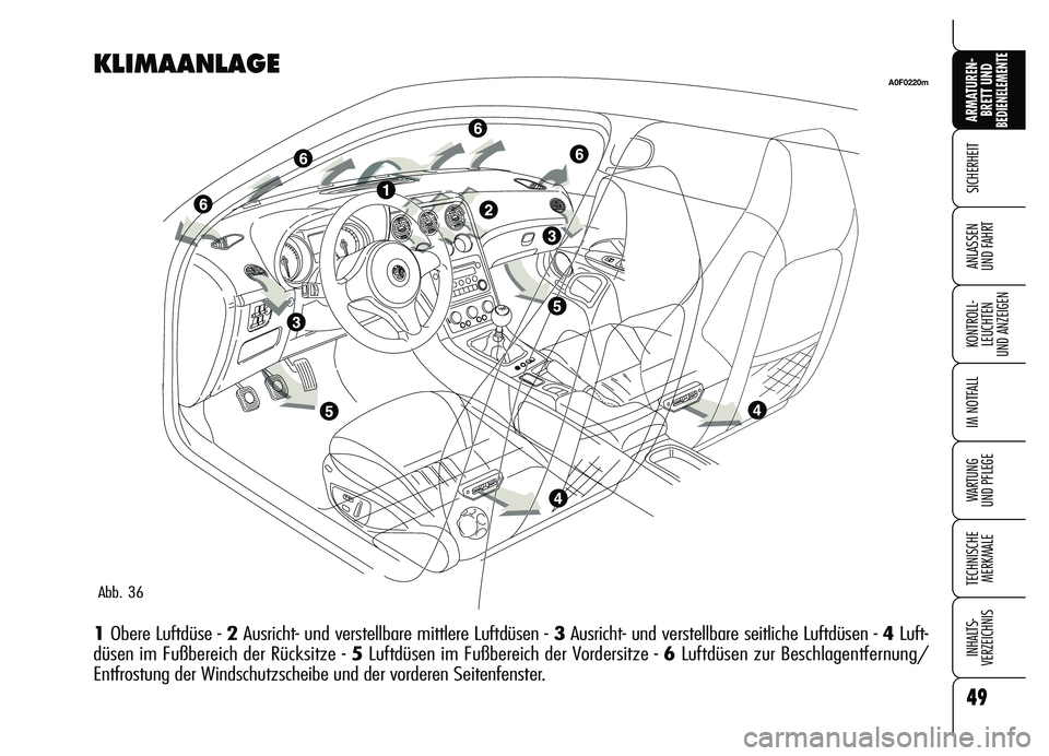 Alfa Romeo Brera/Spider 2007  Betriebsanleitung (in German) 49
SICHERHEIT
KONTROLL-
LEUCHTEN 
UND ANZEIGEN
IM NOTFALL
WARTUNG 
UND PFLEGE
TECHNISCHE
MERKMALE
INHALTS-
VERZEICHNIS
ARMATUREN-
BRETT UND BEDIENELEMENTE
ANLASSEN 
UND FAHRT
KLIMAANLAGE
1Obere Luftd