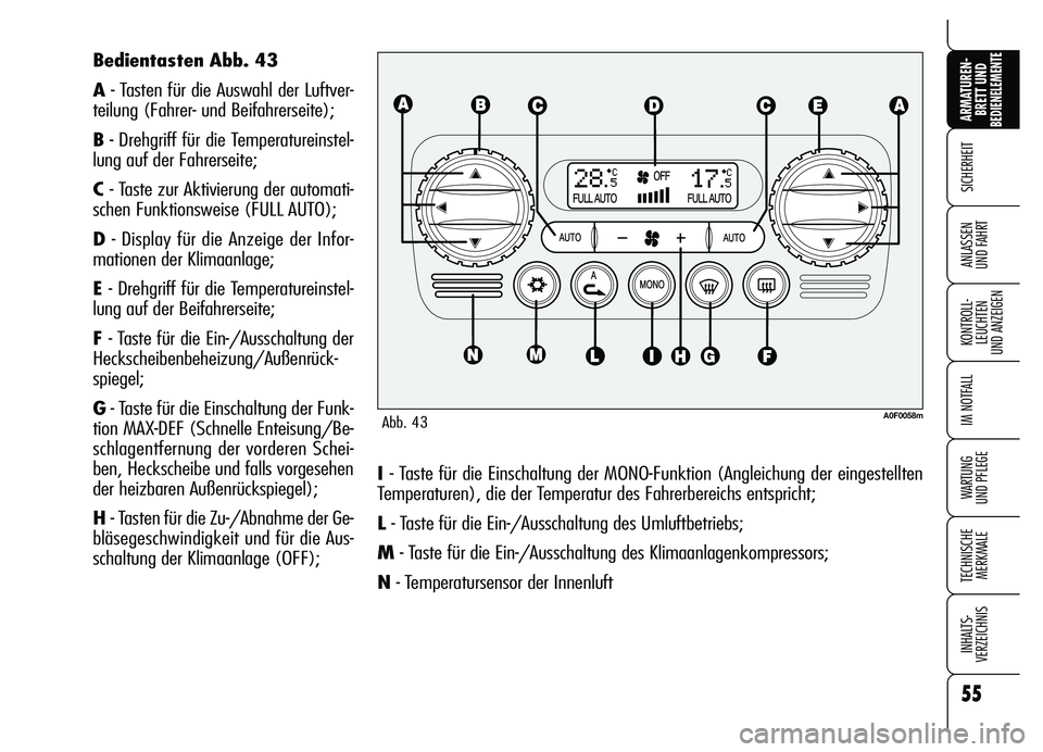 Alfa Romeo Brera/Spider 2007  Betriebsanleitung (in German) 55
SICHERHEIT
KONTROLL-
LEUCHTEN 
UND ANZEIGEN
IM NOTFALL
WARTUNG 
UND PFLEGE
TECHNISCHE
MERKMALE
INHALTS-
VERZEICHNIS
ARMATUREN-
BRETT UND BEDIENELEMENTE
ANLASSEN 
UND FAHRT
I - Taste für die Einsch
