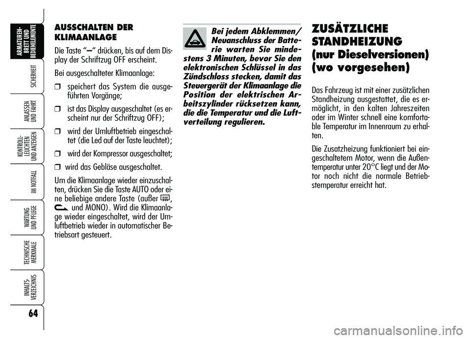 Alfa Romeo Brera/Spider 2007 Betriebsanleitung (in German) 64
SICHERHEIT
KONTROLL-
LEUCHTEN
UND ANZEIGEN
IM NOTFALL
WARTUNG
UND PFLEGE
TECHNISCHE
MERKMALE
INHALTS-
VERZEICHNIS
ARMATUREN-
BRETT UND BEDIENELEMENTE
ANLASSEN
UND FAHRT
AUSSCHALTEN DER
KLIMAANLA Alfa Romeo Brera/Spider 2007 Betriebsanleitung (in German) 64
SICHERHEIT
KONTROLL-
LEUCHTEN
UND ANZEIGEN
IM NOTFALL
WARTUNG
UND PFLEGE
TECHNISCHE
MERKMALE
INHALTS-
VERZEICHNIS
ARMATUREN-
BRETT UND BEDIENELEMENTE
ANLASSEN
UND FAHRT
AUSSCHALTEN DER
KLIMAANLA