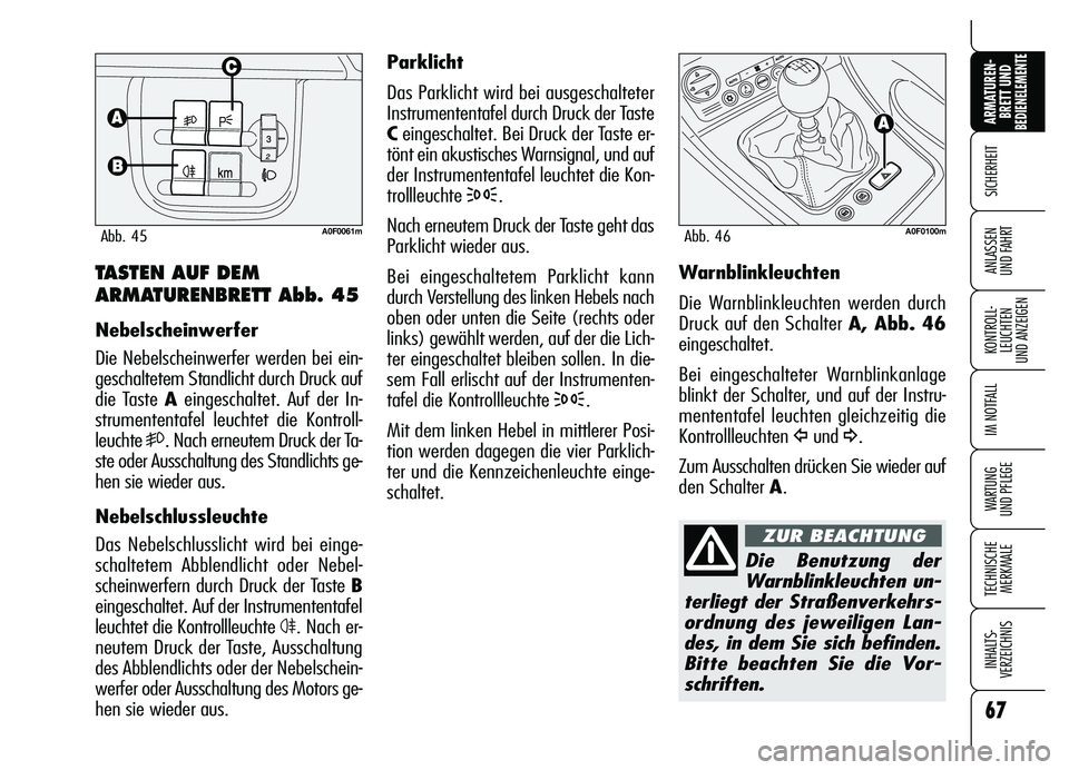 Alfa Romeo Brera/Spider 2007 Betriebsanleitung (in German) 67
SICHERHEIT
KONTROLL-
LEUCHTEN
UND ANZEIGEN
IM NOTFALL
WARTUNG
UND PFLEGE
TECHNISCHE
MERKMALE
INHALTS-
VERZEICHNIS
ARMATUREN-
BRETT UND BEDIENELEMENTE
ANLASSEN
UND FAHRT
Parklicht
Das Parklicht w Alfa Romeo Brera/Spider 2007 Betriebsanleitung (in German) 67
SICHERHEIT
KONTROLL-
LEUCHTEN
UND ANZEIGEN
IM NOTFALL
WARTUNG
UND PFLEGE
TECHNISCHE
MERKMALE
INHALTS-
VERZEICHNIS
ARMATUREN-
BRETT UND BEDIENELEMENTE
ANLASSEN
UND FAHRT
Parklicht
Das Parklicht w