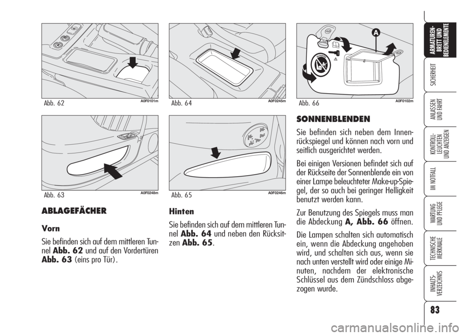 Alfa Romeo Brera/Spider 2008  Betriebsanleitung (in German) 83
SICHERHEIT
KONTROLL-
LEUCHTEN
UND ANZEIGEN
IM NOTFALL
WARTUNG 
UND PFLEGE
TECHNISCHE
MERKMALE
INHALTS-
VERZEICHNIS
ARMATUREN-
BRETT UND BEDIENELEMENTE
ANLASSEN
UND FAHRT
83
ABLAGEFÄCHER
Vorn
Sie b