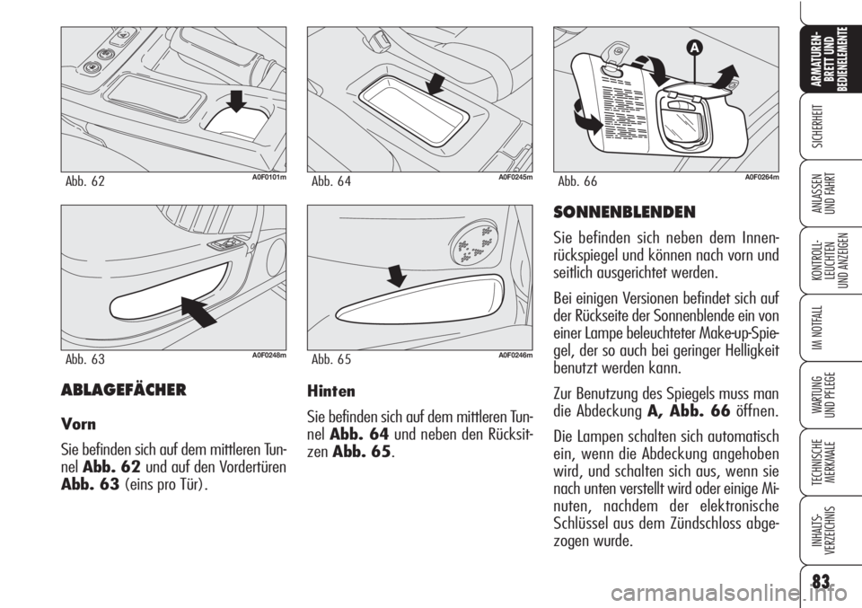 Alfa Romeo Brera/Spider 2010 Betriebsanleitung (in German) 83
SICHERHEIT
KONTROLL-
LEUCHTEN
UND ANZEIGEN
IM NOTFALL
WARTUNG
UND PFLEGE
TECHNISCHE
MERKMALE
INHALTS-
VERZEICHNIS
ARMATUREN-
BRETT UND BEDIENELEMENTE
ANLASSEN
UND FAHRT
83
ABLAGEFÄCHER
Vorn
Sie b Alfa Romeo Brera/Spider 2010 Betriebsanleitung (in German) 83
SICHERHEIT
KONTROLL-
LEUCHTEN
UND ANZEIGEN
IM NOTFALL
WARTUNG
UND PFLEGE
TECHNISCHE
MERKMALE
INHALTS-
VERZEICHNIS
ARMATUREN-
BRETT UND BEDIENELEMENTE
ANLASSEN
UND FAHRT
83
ABLAGEFÄCHER
Vorn
Sie b