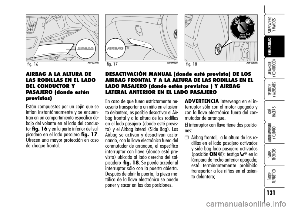 Alfa Romeo Brera/Spider 2006 Manual de Empleo y Cuidado (in Spanish) 131
SEGURIDAD
TESTIGOS
Y MENSAJES
QUÉ
HACER SI
MANTENIMIENTO
Y CUIDADO
DATOS
TÉCNICOS
ÍNDICE
ALFABÉTICO
SALPICADERO
Y MANDOS
ARRANQUE
Y CONDUCCIÓNDESACTIVACIÓN MANUAL (donde esté previst Alfa Romeo Brera/Spider 2006 Manual de Empleo y Cuidado (in Spanish) 131
SEGURIDAD
TESTIGOS
Y MENSAJES
QUÉ
HACER SI
MANTENIMIENTO
Y CUIDADO
DATOS
TÉCNICOS
ÍNDICE
ALFABÉTICO
SALPICADERO
Y MANDOS
ARRANQUE
Y CONDUCCIÓNDESACTIVACIÓN MANUAL (donde esté previst