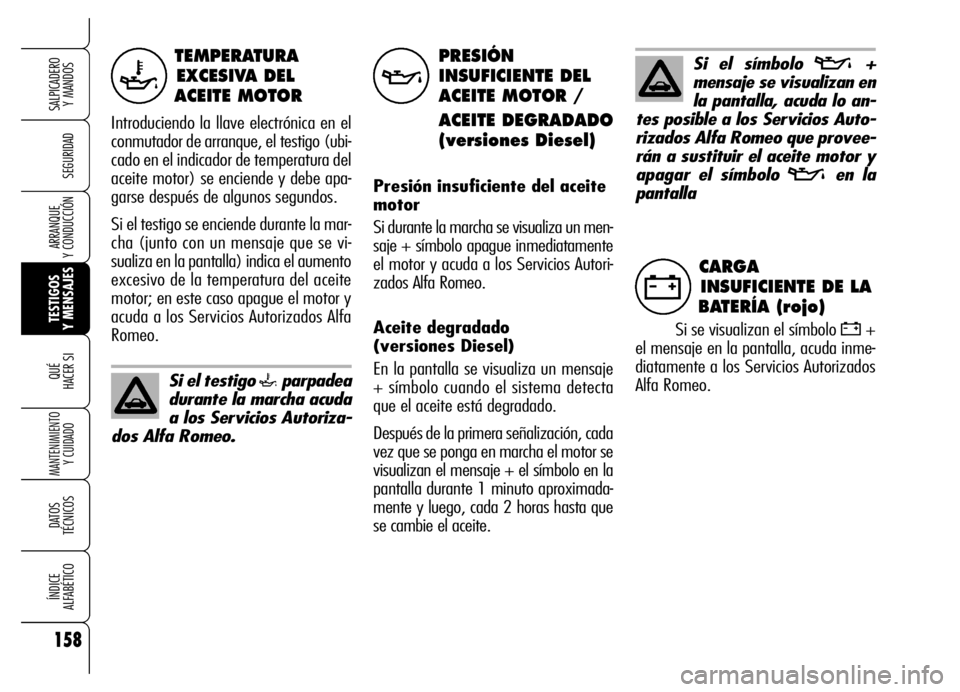 Alfa Romeo Brera/Spider 2006 Manual de Empleo y Cuidado (in Spanish) 158
SEGURIDAD
TESTIGOS
Y MENSAJES QUÉ
HACER SI
MANTENIMIENTO
Y CUIDADO
DATOS
TÉCNICOS
ÍNDICE
ALFABÉTICO
SALPICADERO
Y MANDOS
ARRANQUE
Y CONDUCCIÓN
TEMPERATURA
EXCESIVA DEL
ACEITE MOTOR
In Alfa Romeo Brera/Spider 2006 Manual de Empleo y Cuidado (in Spanish) 158
SEGURIDAD
TESTIGOS
Y MENSAJES QUÉ
HACER SI
MANTENIMIENTO
Y CUIDADO
DATOS
TÉCNICOS
ÍNDICE
ALFABÉTICO
SALPICADERO
Y MANDOS
ARRANQUE
Y CONDUCCIÓN
TEMPERATURA
EXCESIVA DEL
ACEITE MOTOR
In