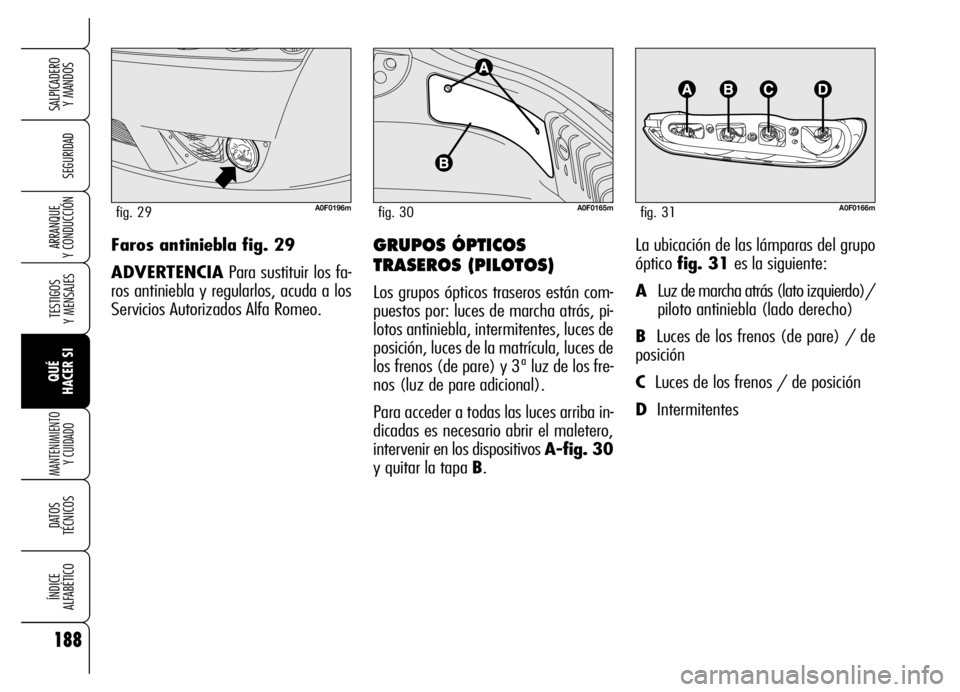 Alfa Romeo Brera/Spider 2006  Manual de Empleo y Cuidado (in Spanish) 188
SEGURIDAD
TESTIGOS 
Y MENSAJES
QUÉ 
HACER SI
MANTENIMIENTO
Y CUIDADO
DATOS 
TÉCNICOS
ÍNDICE 
ALFABÉTICO
SALPICADERO 
Y MANDOS 
ARRANQUE 
Y CONDUCCIÓNGRUPOS ÓPTICOS
TRASEROS (PILOTOS)
Los gru