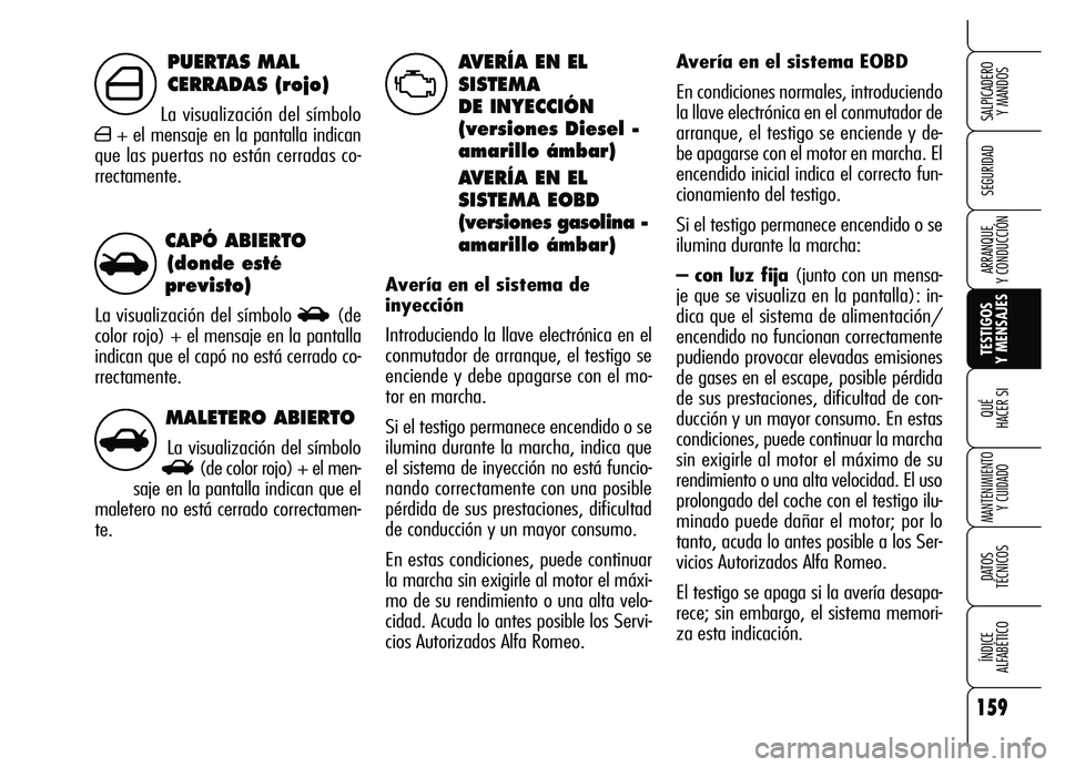 Alfa Romeo Brera/Spider 2007  Manual de Empleo y Cuidado (in Spanish) 159
SEGURIDAD
TESTIGOS 
Y MENSAJES QUÉ
HACER SI
MANTENIMIENTO
Y CUIDADO
DATOS 
TÉCNICOS
ÍNDICE 
ALFABÉTICO 
SALPICADERO 
Y MANDOS 
ARRANQUE 
Y CONDUCCIÓN
MALETERO ABIERTO
La visualización del s