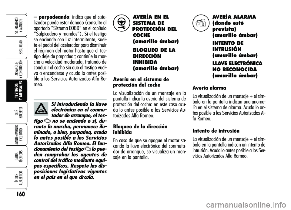 Alfa Romeo Brera/Spider 2007  Manual de Empleo y Cuidado (in Spanish) 160
SEGURIDAD
TESTIGOS 
Y MENSAJES QUÉ
HACER SI
MANTENIMIENTO
Y CUIDADO
DATOS 
TÉCNICOS
ÍNDICE 
ALFABÉTICO
SALPICADERO 
Y MANDOS 
ARRANQUE 
Y CONDUCCIÓN
AVERÍA EN EL
SISTEMA DE
PROTECCIÓN DEL
C