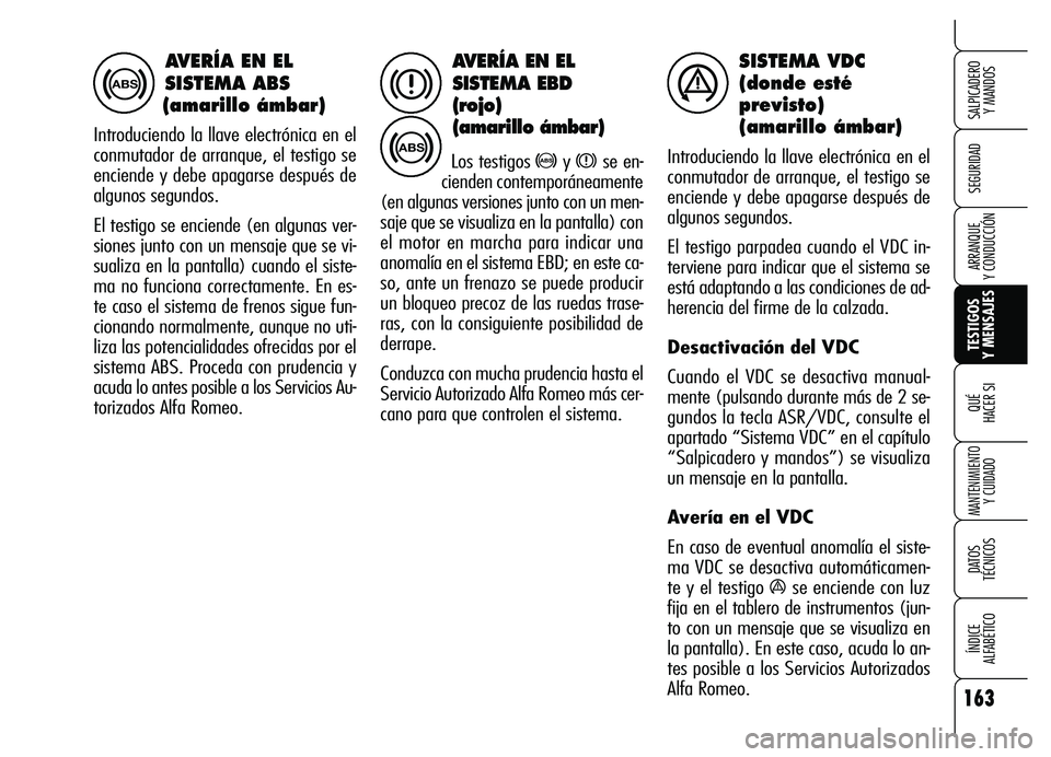 Alfa Romeo Brera/Spider 2007  Manual de Empleo y Cuidado (in Spanish) 163
SEGURIDAD
TESTIGOS 
Y MENSAJES QUÉ
HACER SI
MANTENIMIENTO
Y CUIDADO
DATOS 
TÉCNICOS
ÍNDICE 
ALFABÉTICO 
SALPICADERO 
Y MANDOS 
ARRANQUE 
Y CONDUCCIÓN
AVERÍA EN EL
SISTEMA EBD
(rojo) 
(amaril