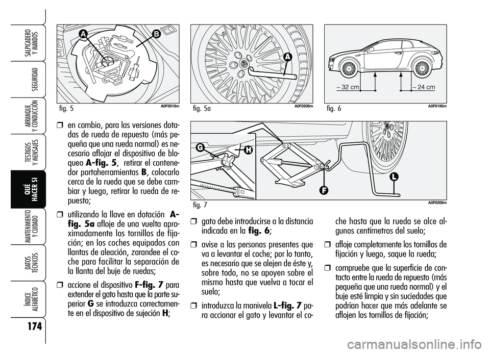 Alfa Romeo Brera/Spider 2007 Manual de Empleo y Cuidado (in Spanish) 174
SEGURIDAD
TESTIGOS
Y MENSAJES
QUÉ
HACER SI
MANTENIMIENTO
Y CUIDADO
DATOS
TÉCNICOS
ÍNDICE
ALFABÉTICO
SALPICADERO
Y MANDOS
ARRANQUE
Y CONDUCCIÓN
che hasta que la rueda se alce al-
gunos Alfa Romeo Brera/Spider 2007 Manual de Empleo y Cuidado (in Spanish) 174
SEGURIDAD
TESTIGOS
Y MENSAJES
QUÉ
HACER SI
MANTENIMIENTO
Y CUIDADO
DATOS
TÉCNICOS
ÍNDICE
ALFABÉTICO
SALPICADERO
Y MANDOS
ARRANQUE
Y CONDUCCIÓN
che hasta que la rueda se alce al-
gunos